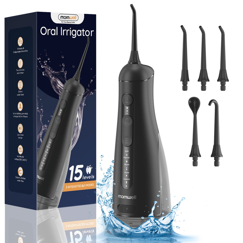 Mornwell F42 Water Flosser Oral Irrigator with 5 Jet Tips, 5 Cleaning Modes, 300ml Water Tank, IPX7 Waterproof