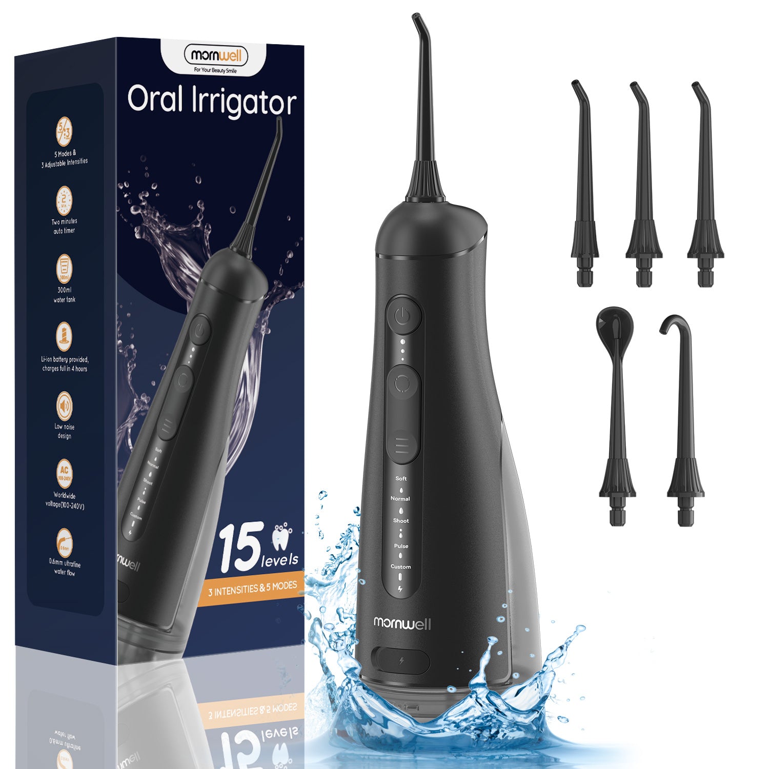 Mornwell F42 Water Flosser Oral Irrigator with 5 Jet Tips, 5 Cleaning Modes, 300ml Water Tank, IPX7 Waterproof