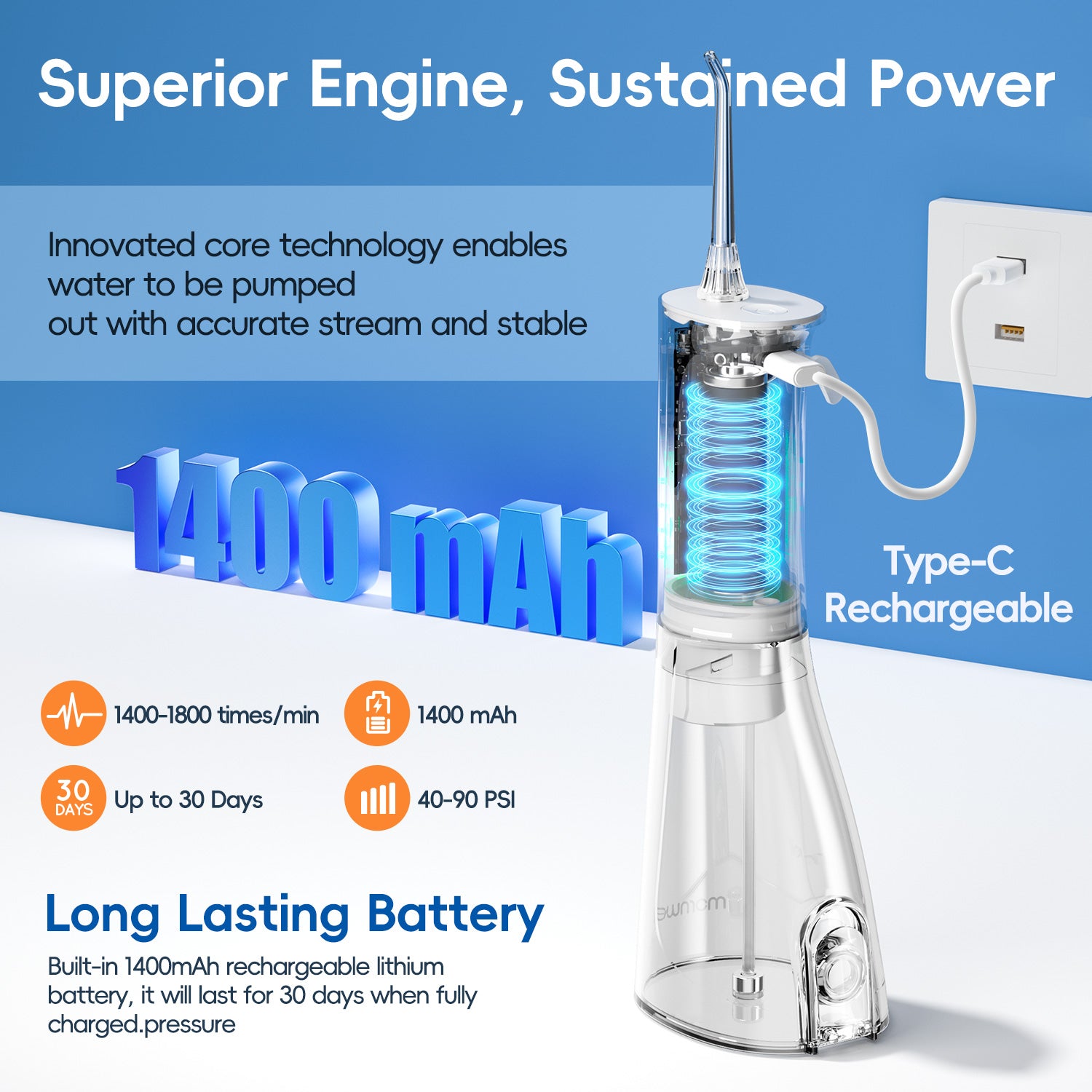 F29 Portable Oral Water Flosser USB Rechargeable Oral Water Jet Waterproof Pick Flosser 300ML Water Tank