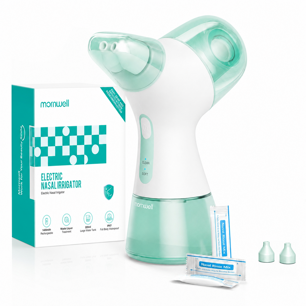 Mornwell Portable Electric Nasal Irrigator, Separate Clean & Waste Water Tanks, 2 Pressure Modes Rechargeable Sinus Rinse Nasal
