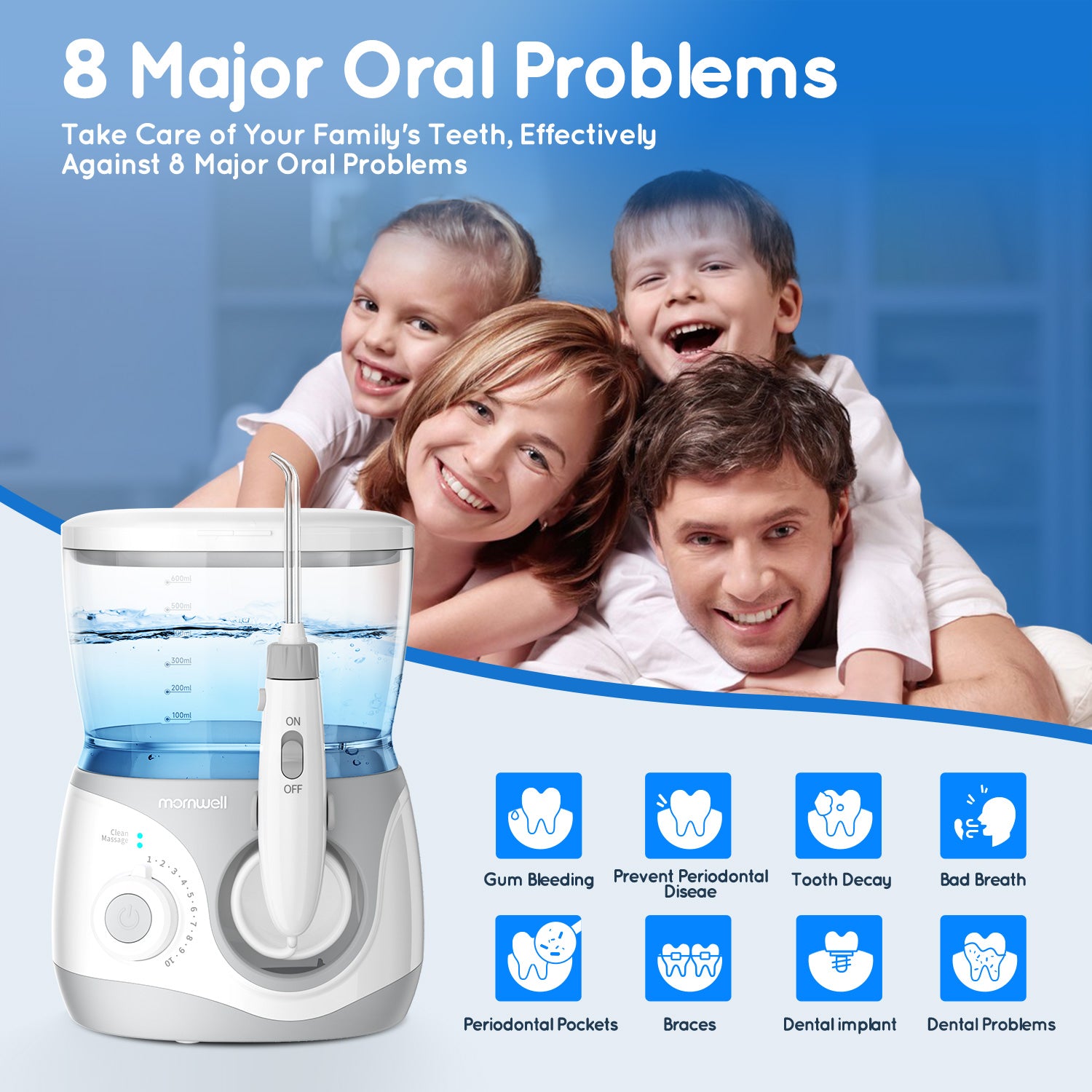 Mornwell Water Flosser With 8 Nozzles 600ml High-volume Home Electric Oral Irrigator For Oral Care Cleaning Teeth Effectively