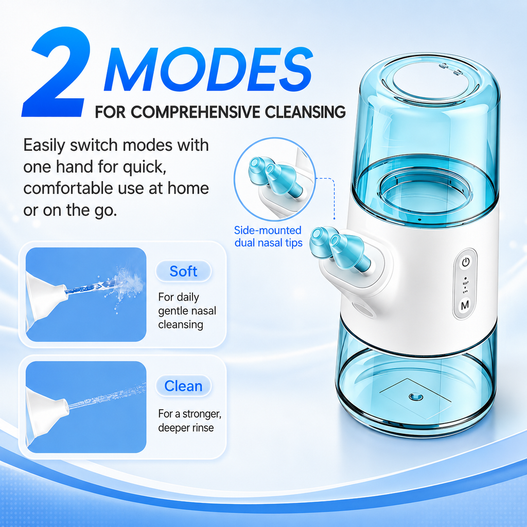 Mornwell Portable Electric Nasal Irrigator, Dual Separate Water Tanks, 2 Pressure Modes Rechargeable Nasal Wash Device for Nasal