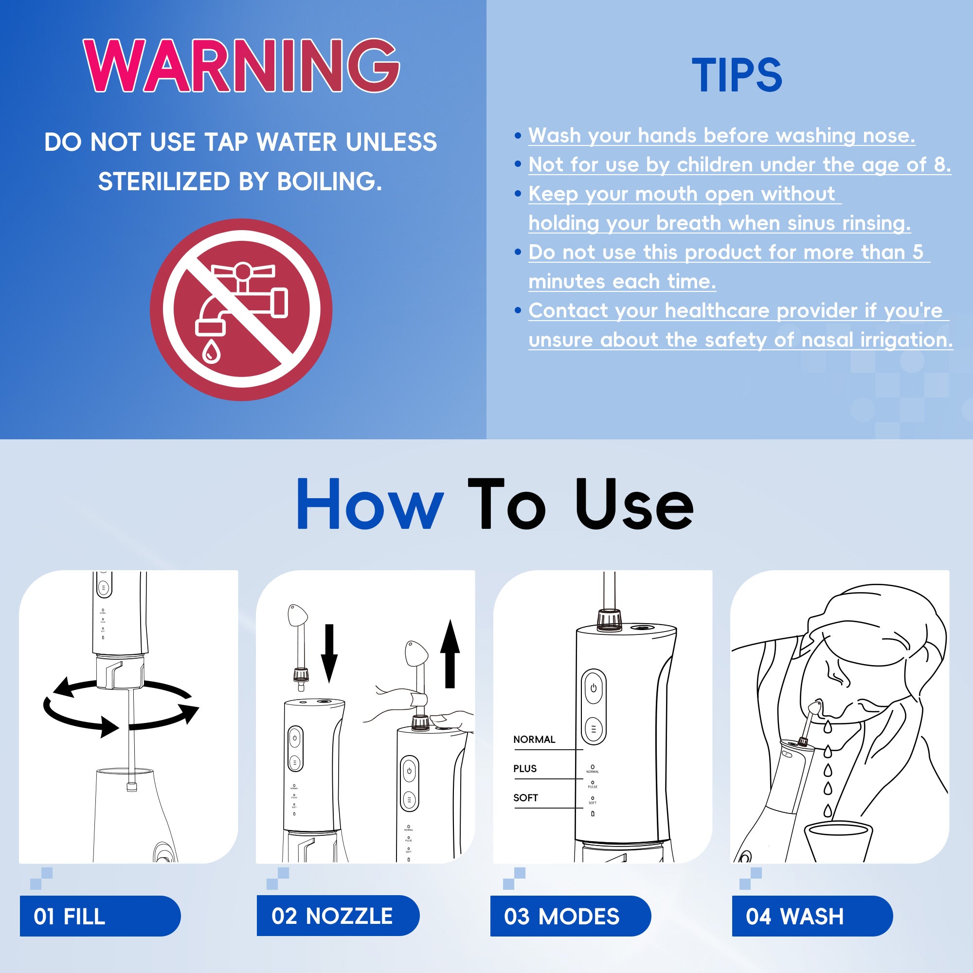 Nasal Rinse Bottle Sinus Rinse Nose Wash Cleaner 300ml Pressure Irrigation Neti-Pot 3 Modes 2 Jet with 30 Nasal Wash Salt Packet