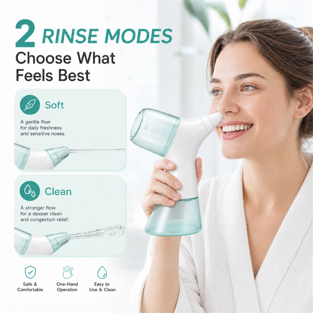 Mornwell Portable Electric Nasal Irrigator, Separate Clean & Waste Water Tanks, 2 Pressure Modes Rechargeable Sinus Rinse Nasal
