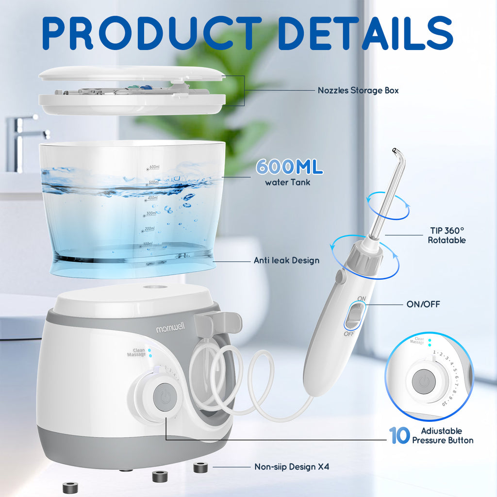 Mornwell Water Flosser With 8 Nozzles 600ml High-volume Home Electric Oral Irrigator For Oral Care Cleaning Teeth Effectively