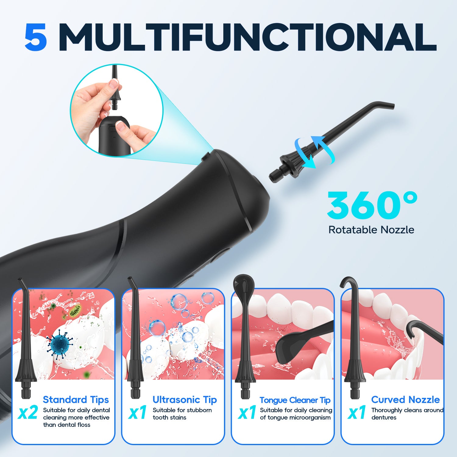 Mornwell F42 Water Flosser Oral Irrigator with 5 Jet Tips, 5 Cleaning Modes, 300ml Water Tank, IPX7 Waterproof