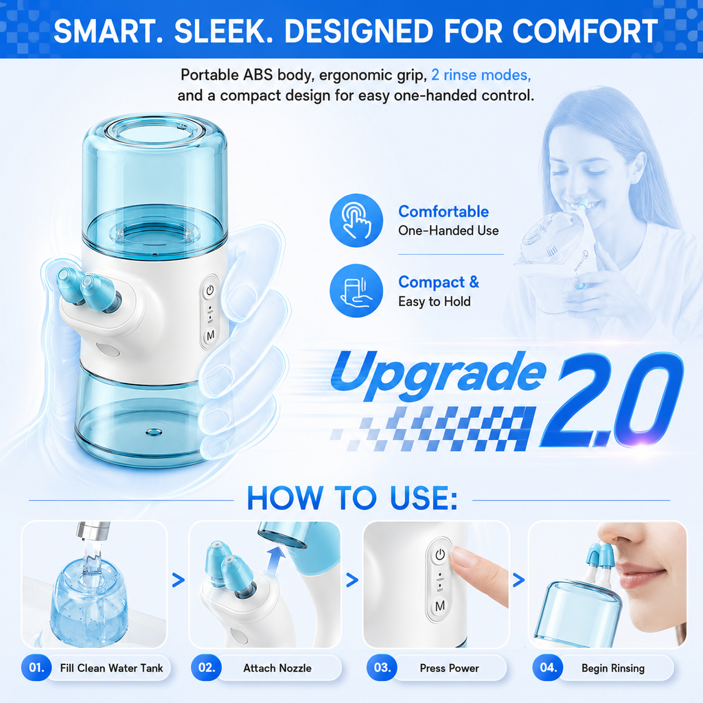 Mornwell Portable Electric Nasal Irrigator, Dual Separate Water Tanks, 2 Pressure Modes Rechargeable Nasal Wash Device for Nasal