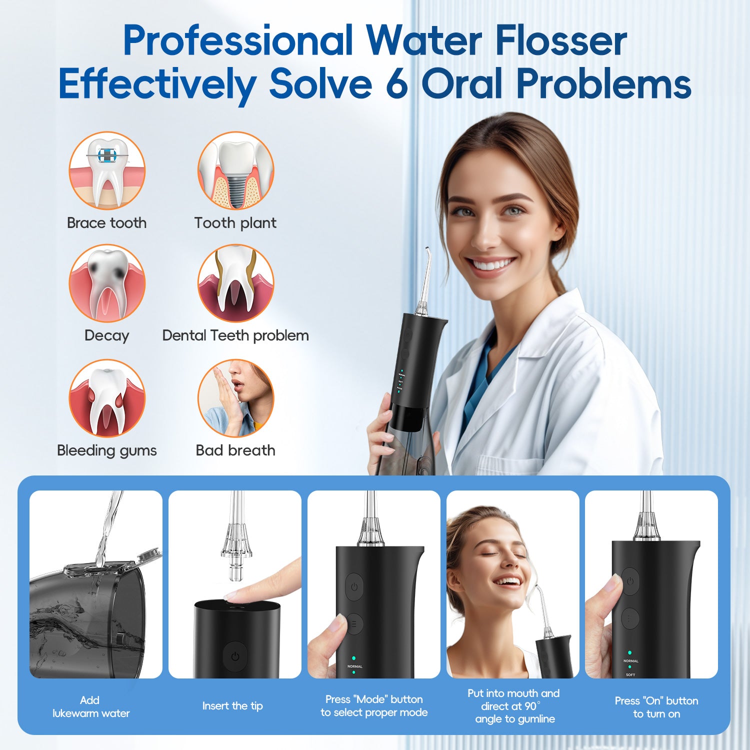 F29 Portable Oral Water Flosser USB Rechargeable Oral Water Jet Waterproof Pick Flosser 300ML Water Tank
