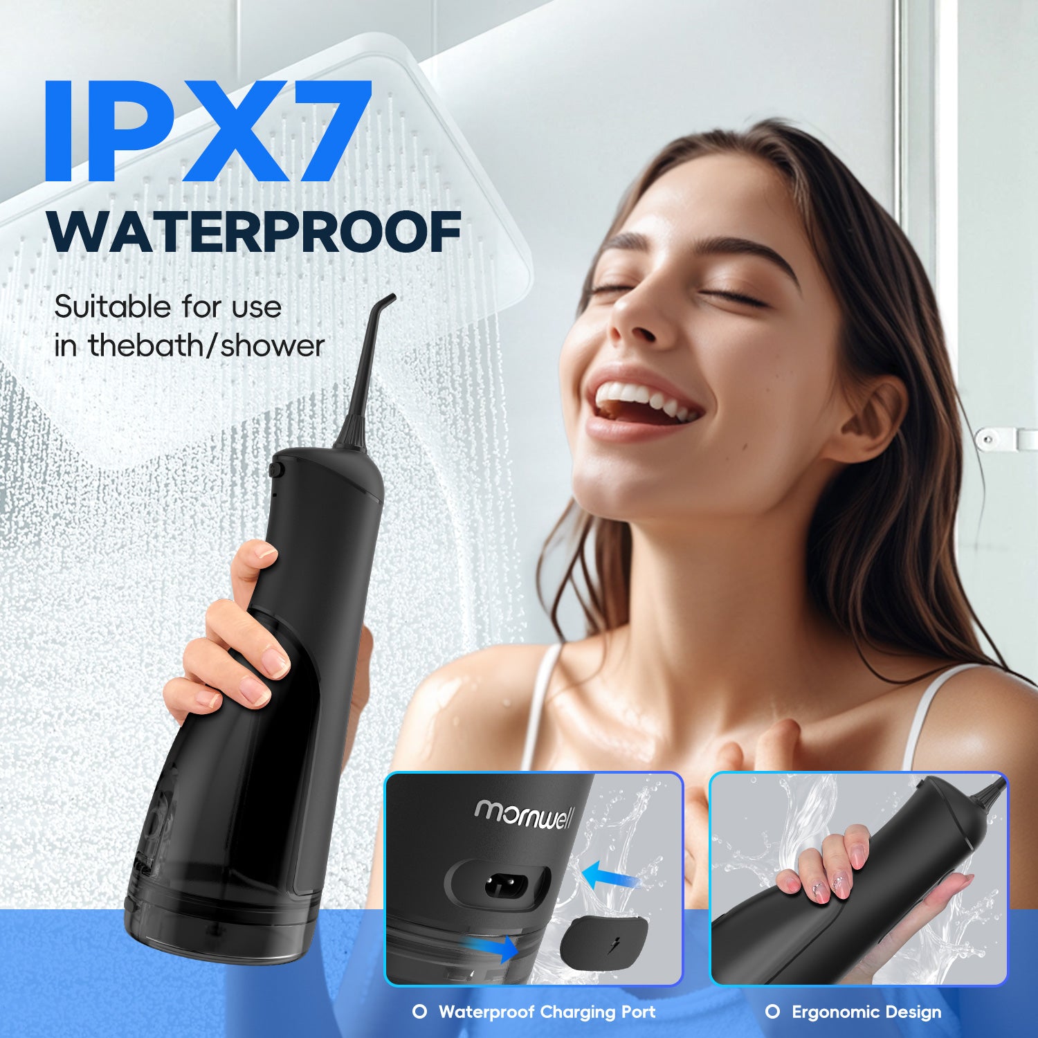 Mornwell F42 Water Flosser Oral Irrigator with 5 Jet Tips, 5 Cleaning Modes, 300ml Water Tank, IPX7 Waterproof
