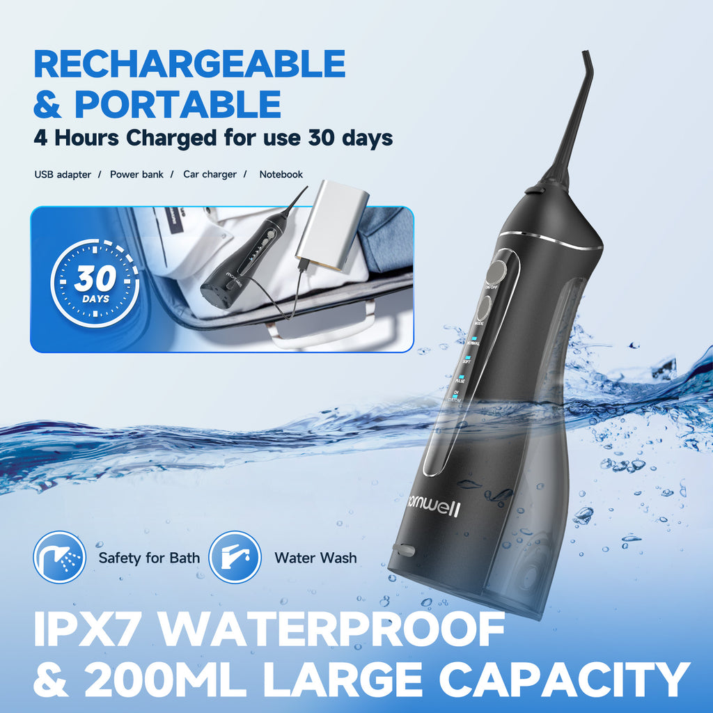 Cordless Water Flosser for Teeth F18, 4 Pressure Settings, 8 Jet Tips, IPX7 Waterproof, USB Rechargeable Battery Deep Cleaning