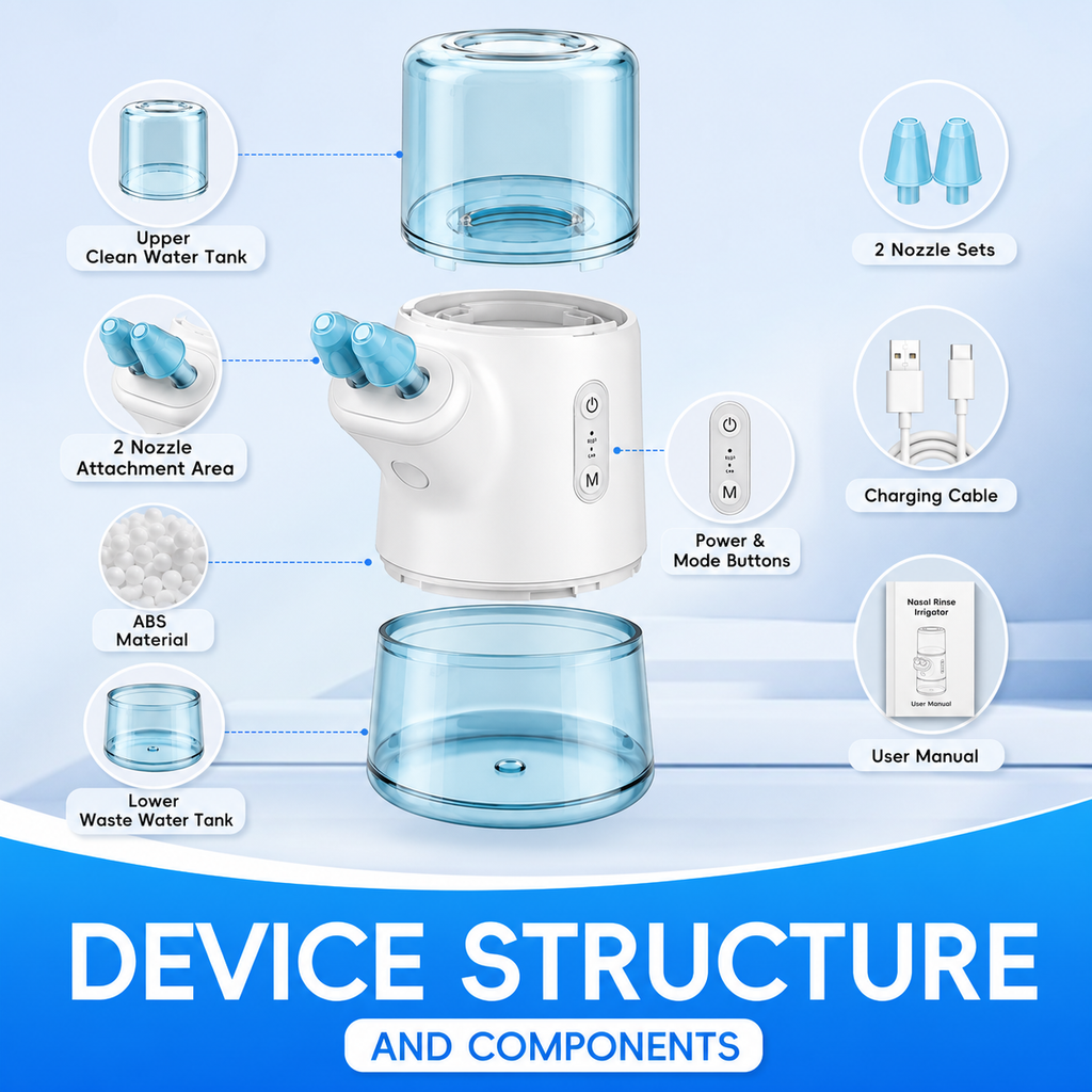 Mornwell Portable Electric Nasal Irrigator, Dual Separate Water Tanks, 2 Pressure Modes Rechargeable Nasal Wash Device for Nasal