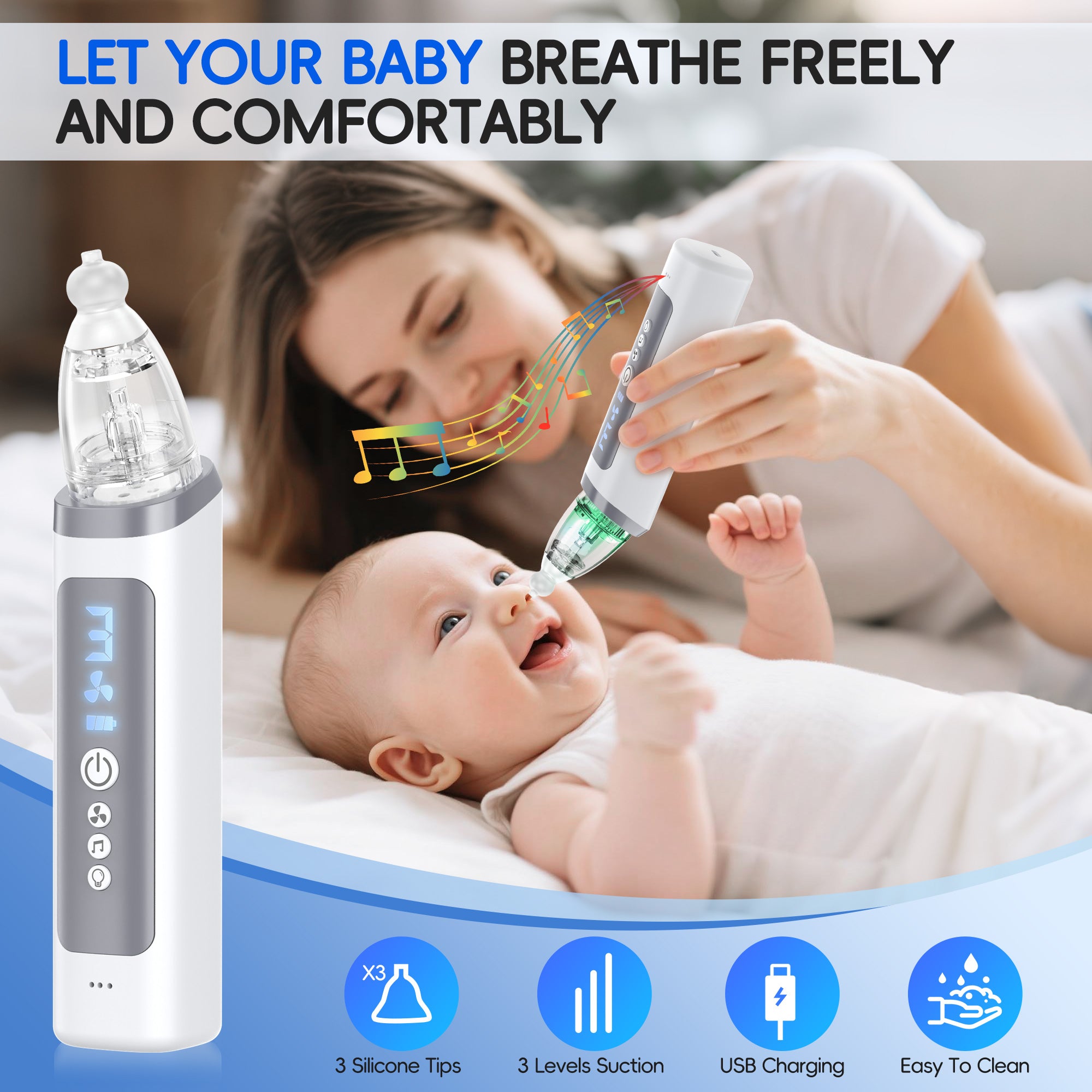 Electric Baby Nose Sucker with More Powerful Suction and Larger Suction Chamber，Automatic Nose Cleaner with Music ，3 modes