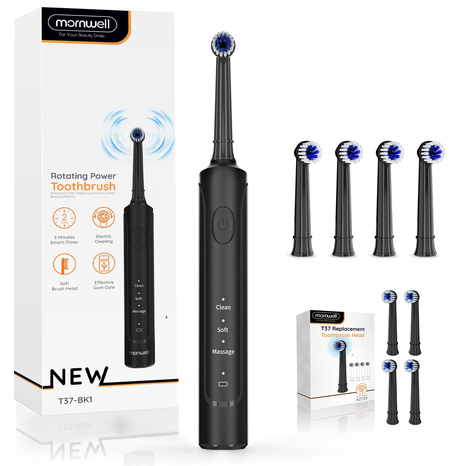 Electric Toothbrush for Adults Rechargeable T37 Sonic Toothbrush with 3 Modes IPX7 Waterproof 40,000 VPM Motor With 4 Brush Head