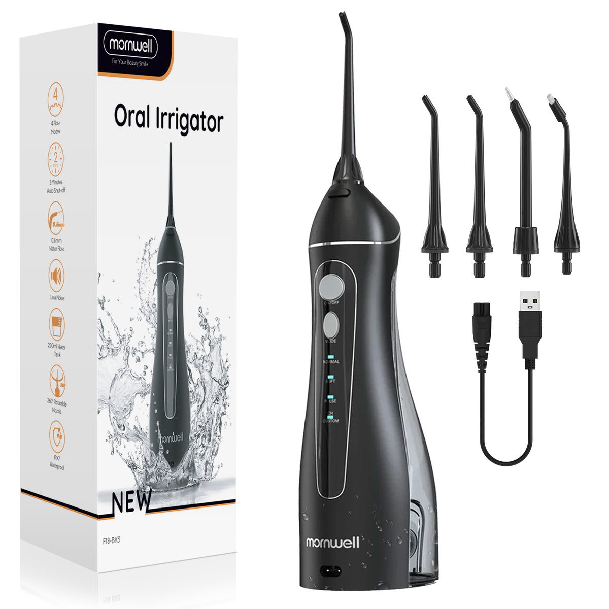 Cordless Water Flosser for Teeth F18, 4 Pressure Settings, 8 Jet Tips, IPX7 Waterproof, USB Rechargeable Battery Deep Cleaning