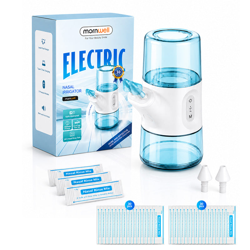 Mornwell Portable Electric Nasal Irrigator, Dual Separate Water Tanks, 2 Pressure Modes Rechargeable Nasal Wash Device for Nasal