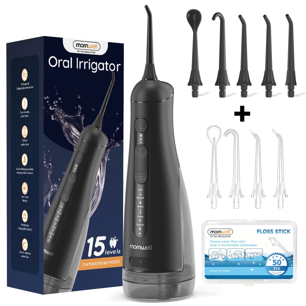 Mornwell F42 Water Flosser Oral Irrigator with 5 Jet Tips, 5 Cleaning Modes, 300ml Water Tank, IPX7 Waterproof