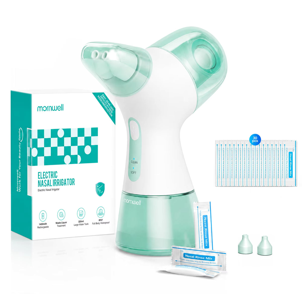 Mornwell Portable Electric Nasal Irrigator, Separate Clean & Waste Water Tanks, 2 Pressure Modes Rechargeable Sinus Rinse Nasal