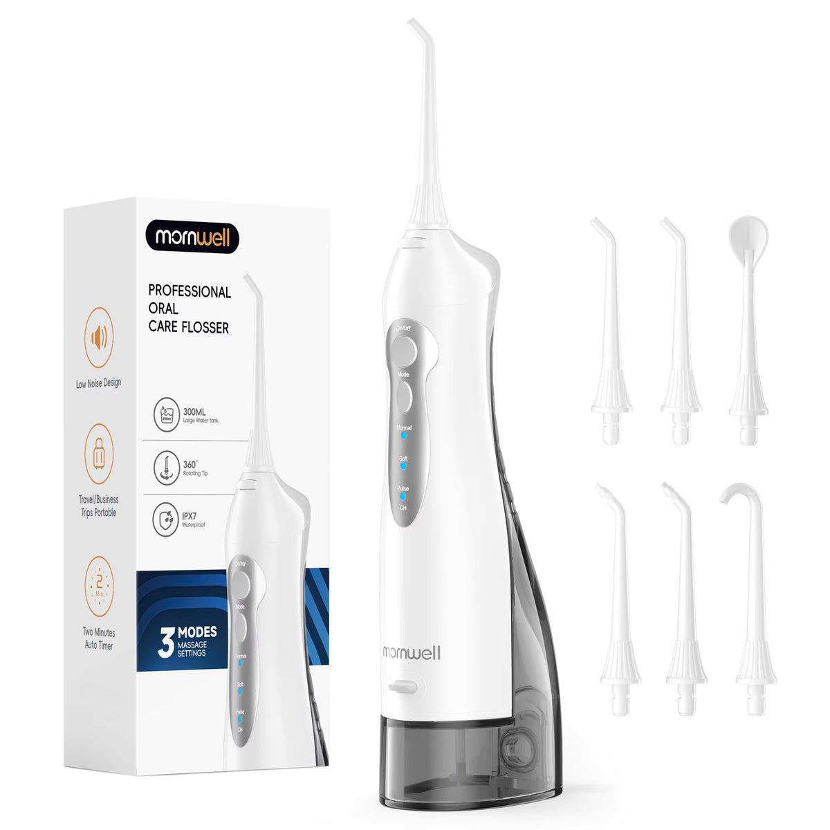 Mornwell D52 Portable Water Flosser USB Rechargeable 300ml 6 Jet Tips 3 Modes Teeth Cleaning for Travel Water Jet Toothpick