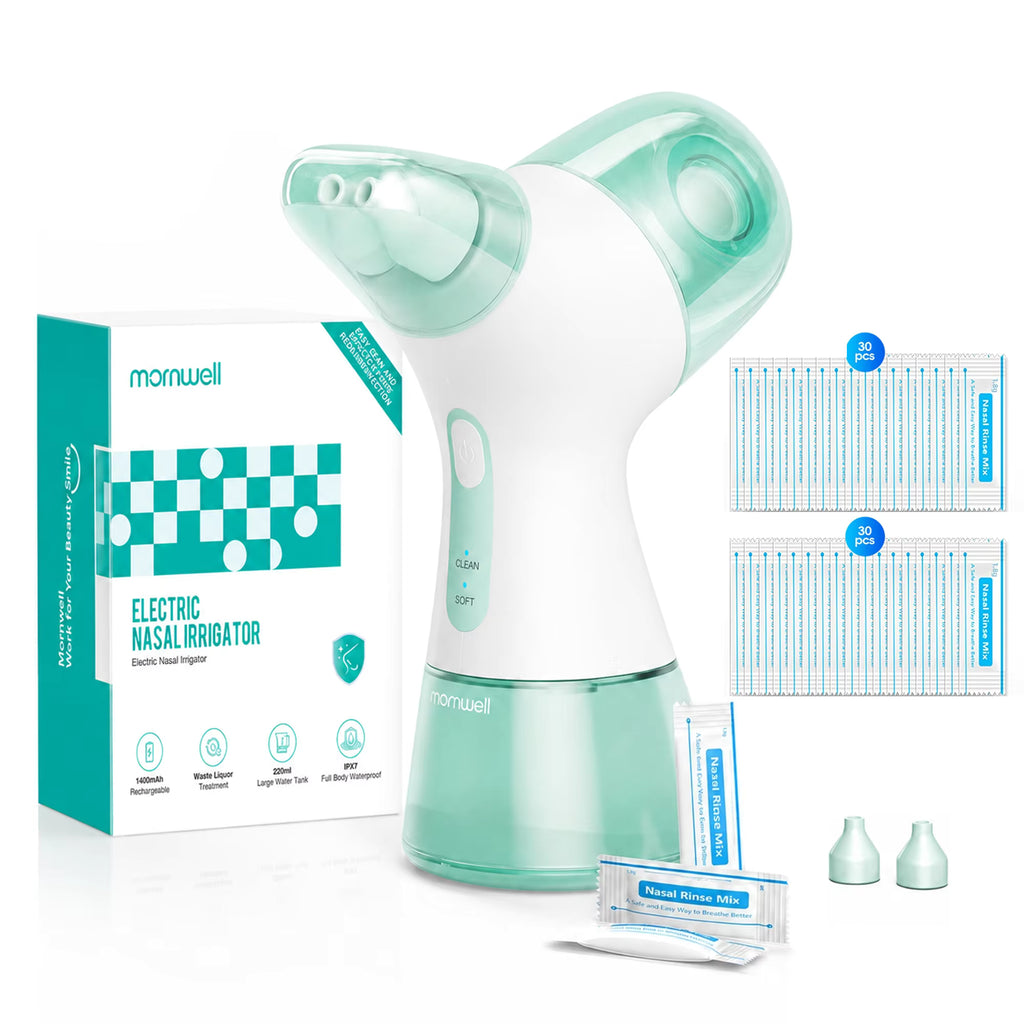 Mornwell Portable Electric Nasal Irrigator, Separate Clean & Waste Water Tanks, 2 Pressure Modes Rechargeable Sinus Rinse Nasal