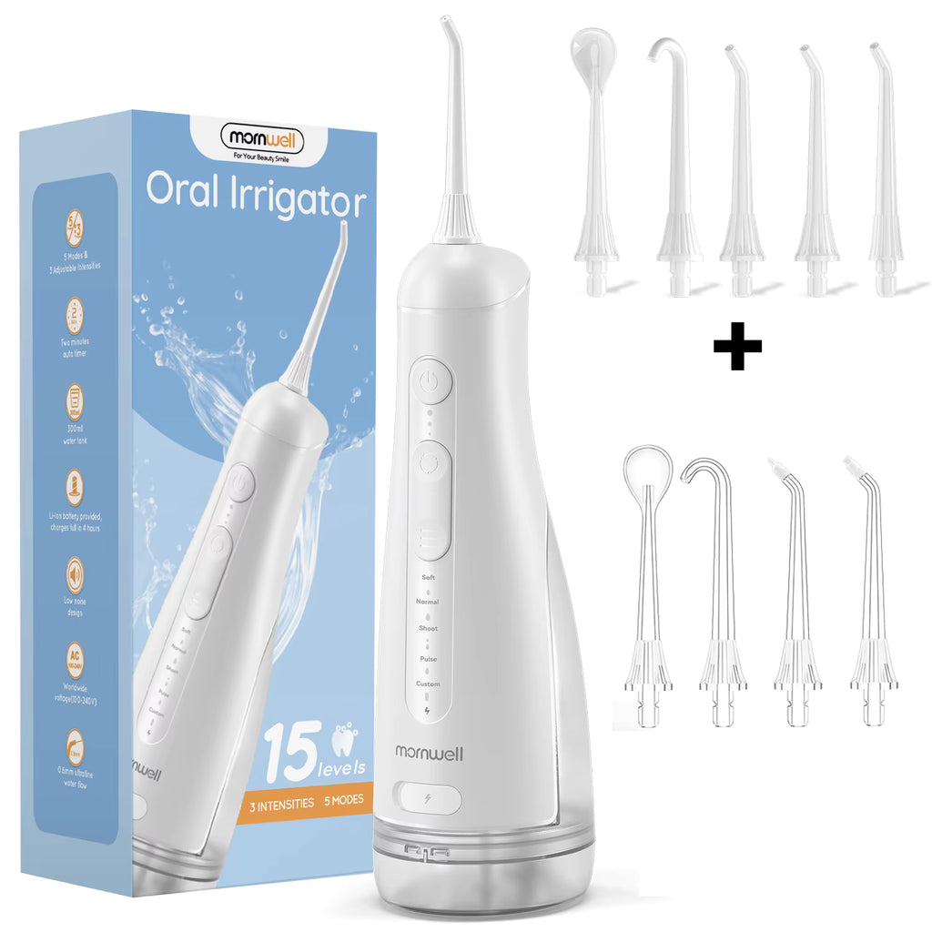 Mornwell F42 Water Flosser Oral Irrigator with 5 Jet Tips, 5 Cleaning Modes, 300ml Water Tank, IPX7 Waterproof