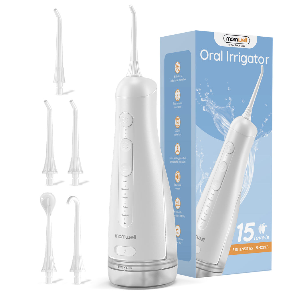 Mornwell F42 Water Flosser Oral Irrigator with 5 Jet Tips, 5 Cleaning Modes, 300ml Water Tank, IPX7 Waterproof