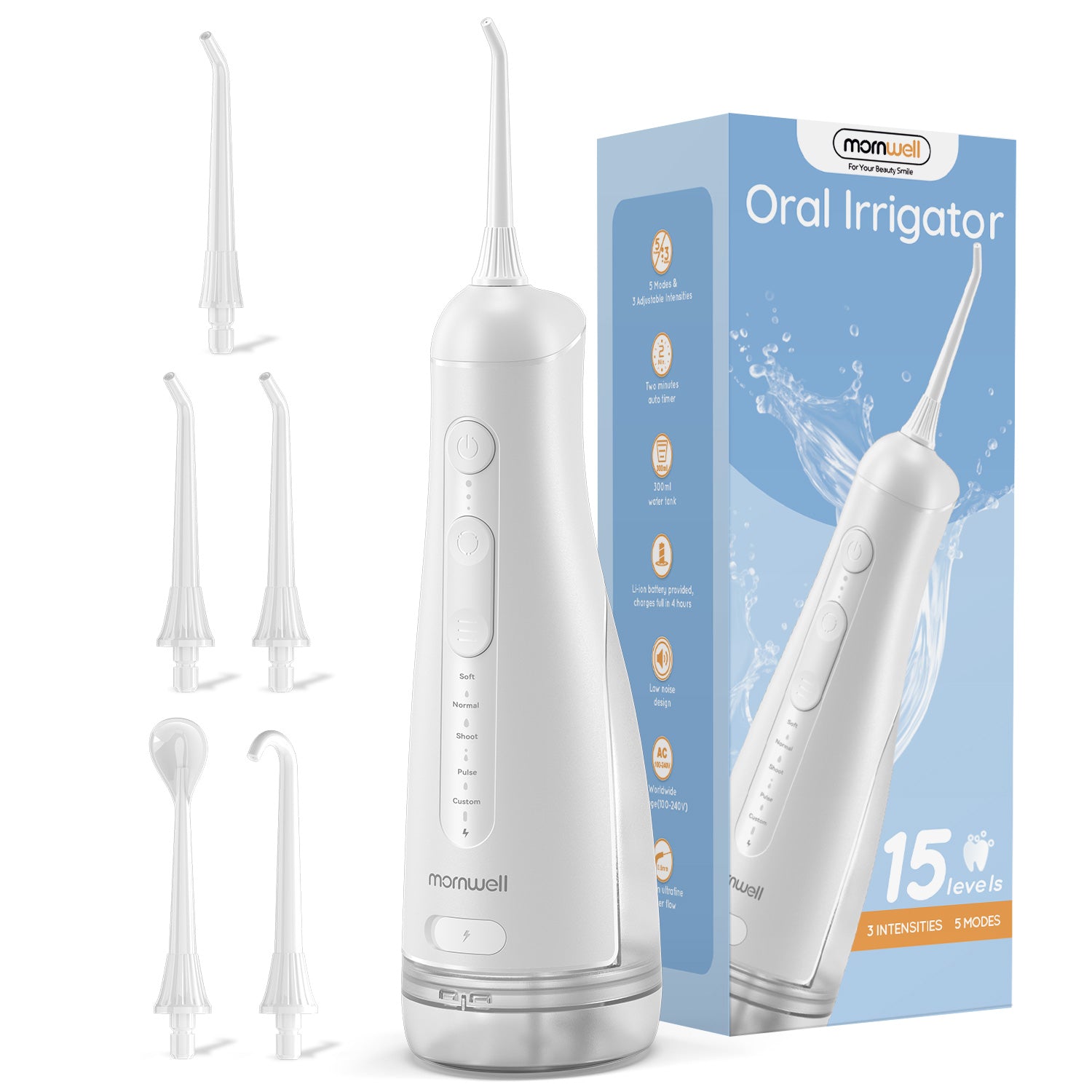 Mornwell F42 Water Flosser Oral Irrigator with 5 Jet Tips, 5 Cleaning Modes, 300ml Water Tank, IPX7 Waterproof