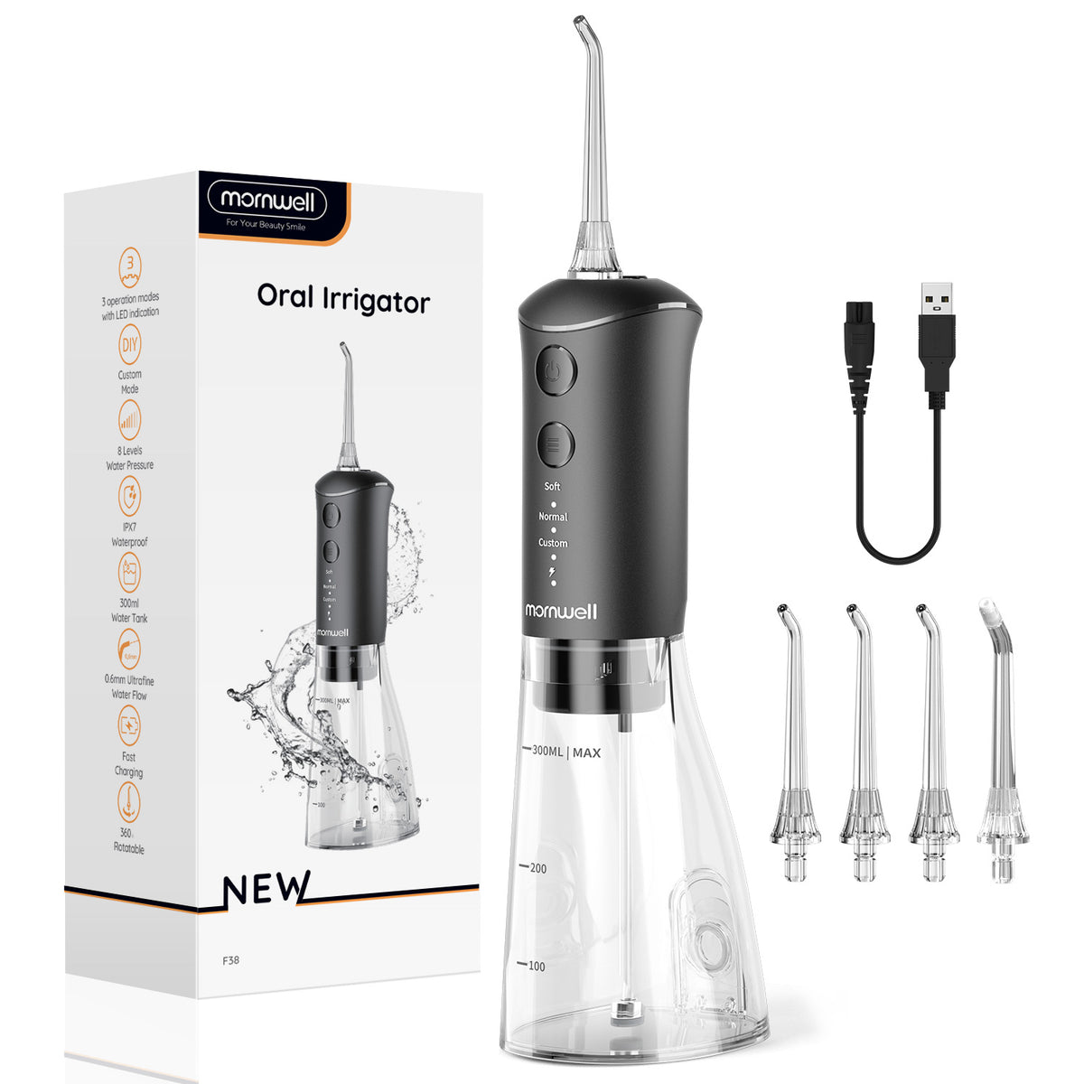 Water Flosser for Teeth Cleaner Rechargeable Oral Irrigator 3 Modes 300ML Powerful Battery Portable Water-Pick for Home Travel